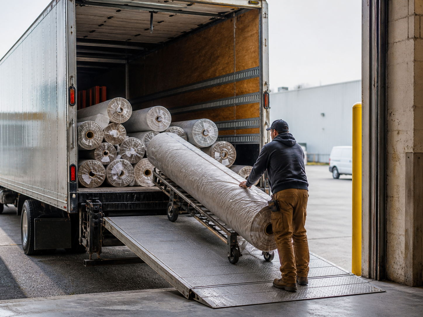 Truck unloading fabric rolls at the dock